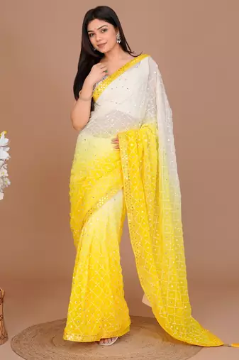 Lemon yellow Georgette Fabric Saree WITH UN-STITCHED BLOUSE