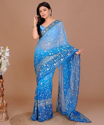 Blue Colour Georgette Fabric Saree With Heavy Thread Work WITH UN-STITCHED BLOUSE  1
