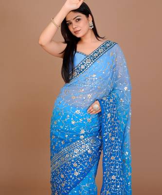 Blue Colour Georgette Fabric Saree With Heavy Thread Work WITH UN-STITCHED BLOUSE  3
