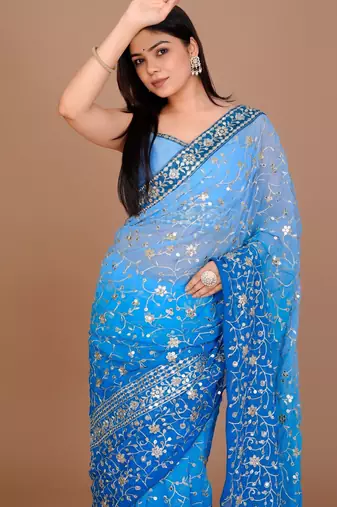 Blue Colour Georgette Fabric Saree With Heavy Thread Work WITH UN-STITCHED BLOUSE