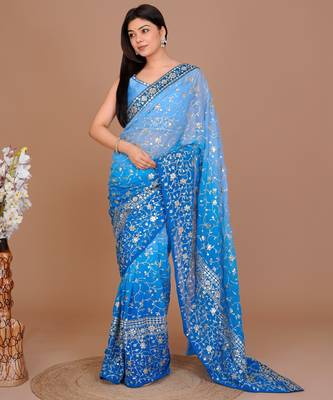 Blue Colour Georgette Fabric Saree With Heavy Thread Work WITH UN-STITCHED BLOUSE  4