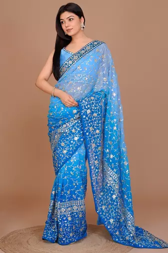 Blue Colour Georgette Fabric Saree With Heavy Thread Work WITH UN-STITCHED BLOUSE