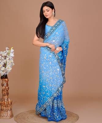 Blue Colour Georgette Fabric Saree With Heavy Thread Work WITH UN-STITCHED BLOUSE  5
