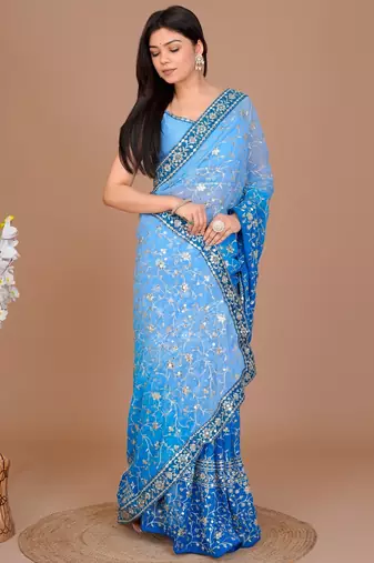 Blue Colour Georgette Fabric Saree With Heavy Thread Work WITH UN-STITCHED BLOUSE