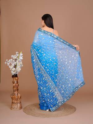 Blue Colour Georgette Fabric Saree With Heavy Thread Work WITH UN-STITCHED BLOUSE  6
