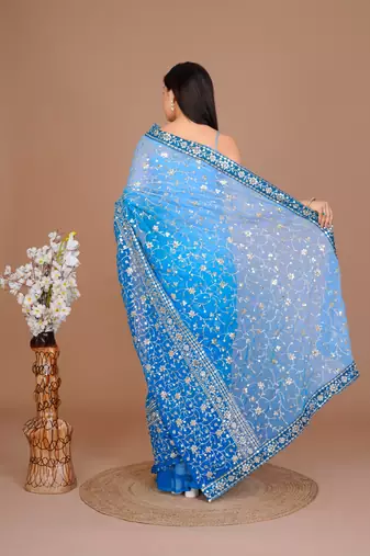 Blue Colour Georgette Fabric Saree With Heavy Thread Work WITH UN-STITCHED BLOUSE