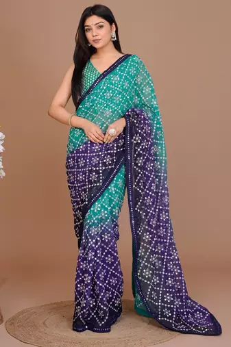 Green Colour Georgette Fabric Heavy Work Saree WITH UN-STITCHED BLOUSE