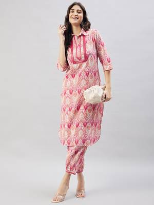 Winered woman pink geometric print collared neck embroidered pathani kurta set 1