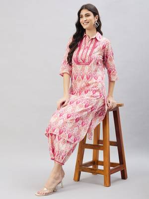 Winered woman pink geometric print collared neck embroidered pathani kurta set 2