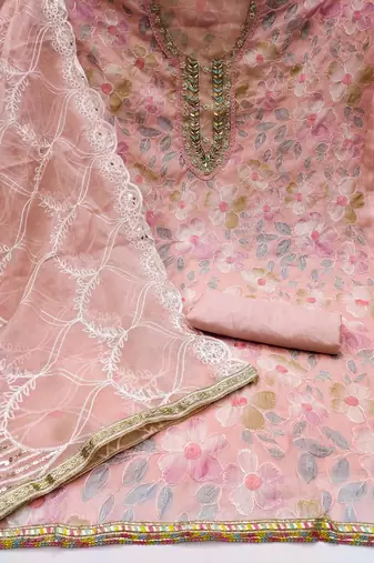 Peach Organza Hand Work Dress Material