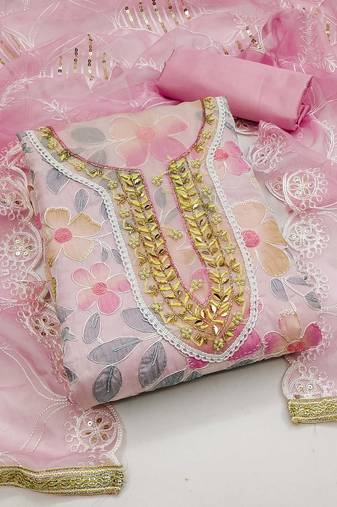 Kimisha women's pink organza hand work dress material