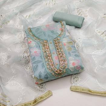 Sky Blue Organza Hand Work Dress Material 1