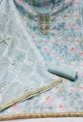 Sky Blue Organza Hand Work Dress Material 2