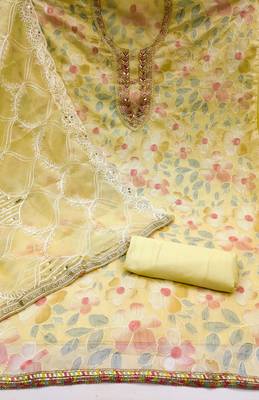 Yellow Organza Hand Work Dress Material 2