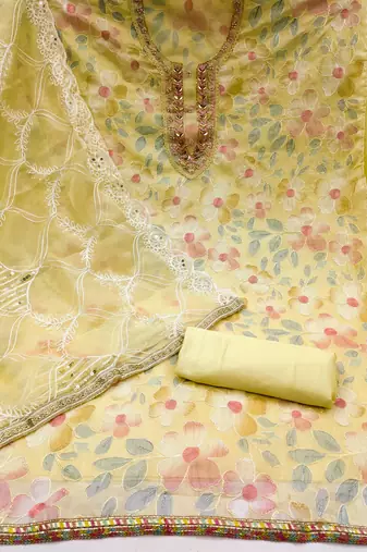 Yellow Organza Hand Work Dress Material