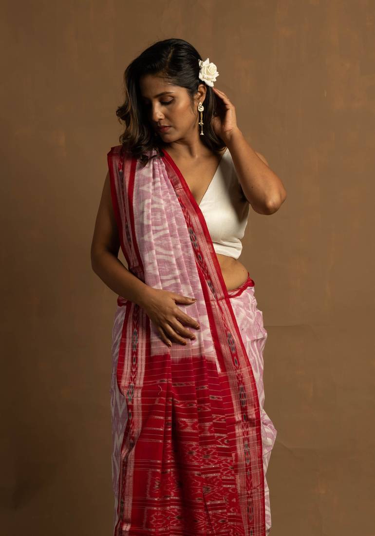 Handloom red and white sambalpuri cotton saree