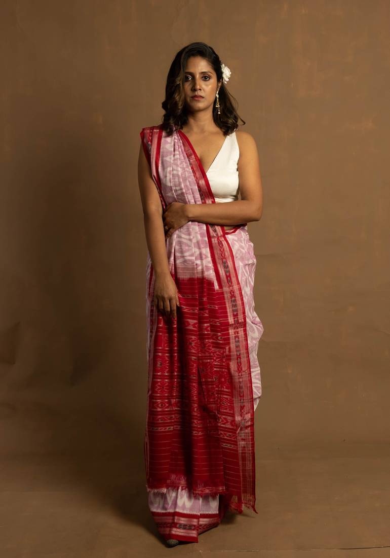 Handloom red and white sambalpuri cotton saree