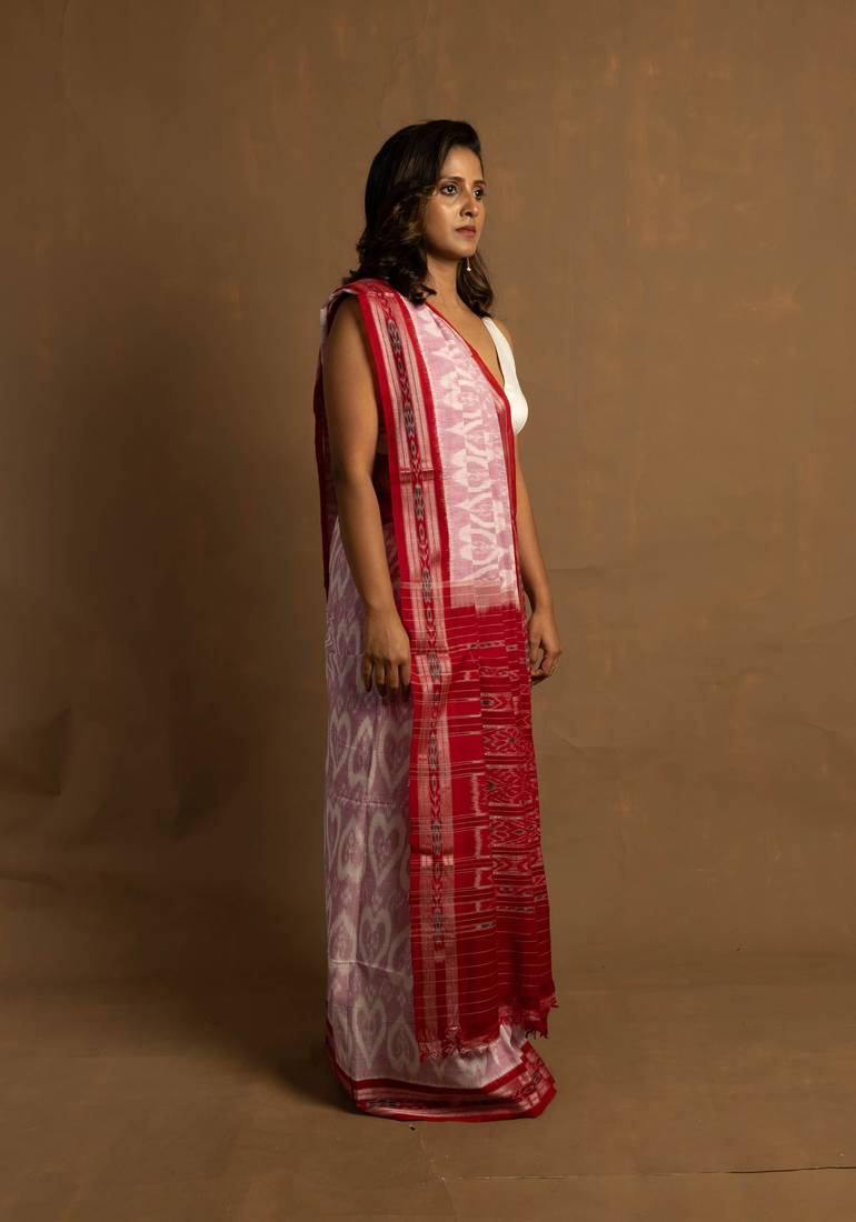 Handloom red and white sambalpuri cotton saree