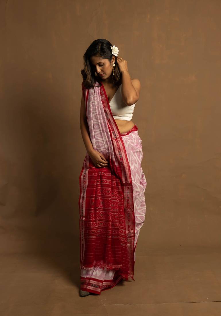 Handloom red and white sambalpuri cotton saree