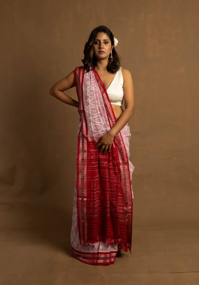 Handloom red and white sambalpuri cotton saree
