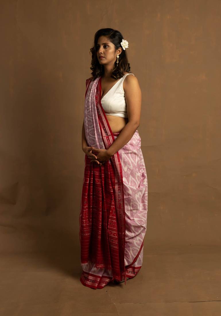 Handloom red and white sambalpuri cotton saree