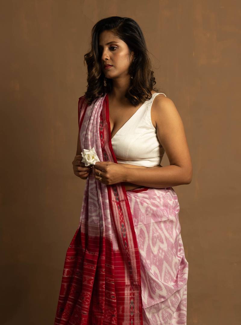 Handloom red and white sambalpuri cotton saree