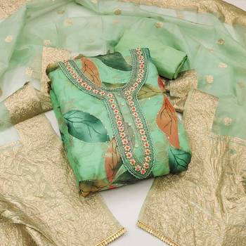 Kimisha women's green organza sequence & hand work dress material 1
