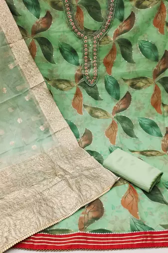 Kimisha women's green organza sequence & hand work dress material