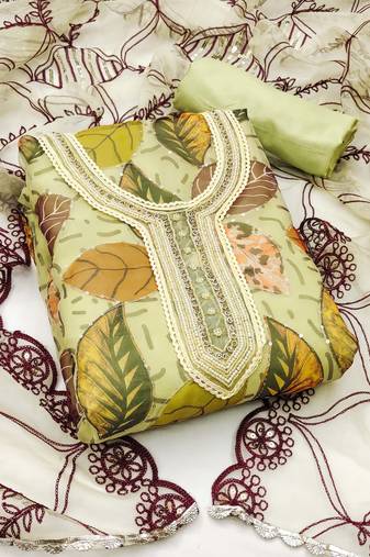Green Organza Hand Work Dress Material