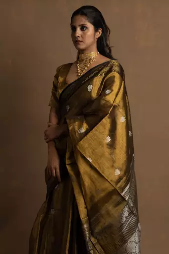 Gold Banarasi Handloom Tissue Saree with Running Blouse Piece