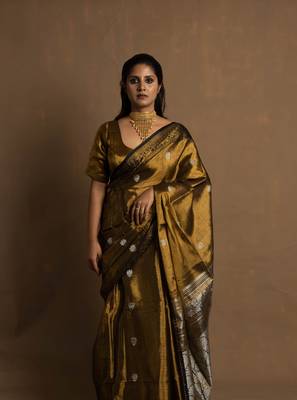 Gold Banarasi Handloom Tissue Saree with Running Blouse Piece 4
