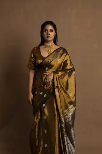 Gold Banarasi Handloom Tissue Saree with Running Blouse Piece