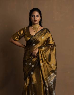 Gold Banarasi Handloom Tissue Saree with Running Blouse Piece 5