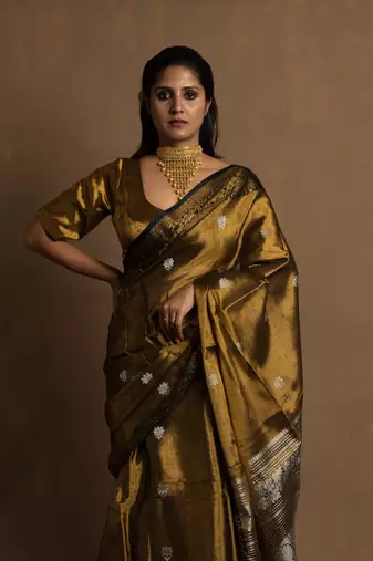Gold Banarasi Handloom Tissue Saree with Running Blouse Piece