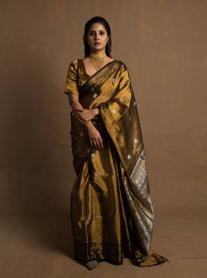Gold Banarasi Handloom Tissue Saree with Running Blouse Piece 6