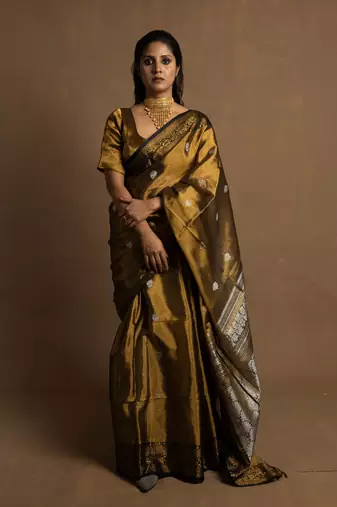 Gold Banarasi Handloom Tissue Saree with Running Blouse Piece