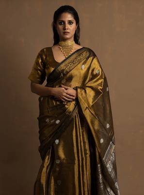 Gold Banarasi Handloom Tissue Saree with Running Blouse Piece 7