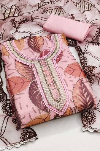 Pink Organza Hand Work Dress Material