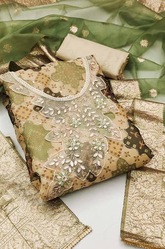 Mehendi Green Organza Hand Work Dress Material