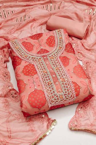 Peach Organza Hand Work Dress Material