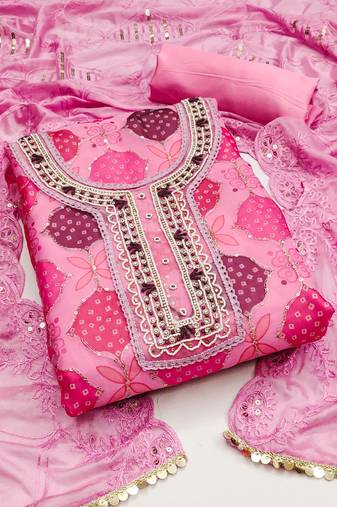 Pink Organza Hand Work Dress Material