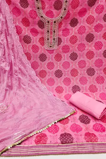 Pink Organza Hand Work Dress Material
