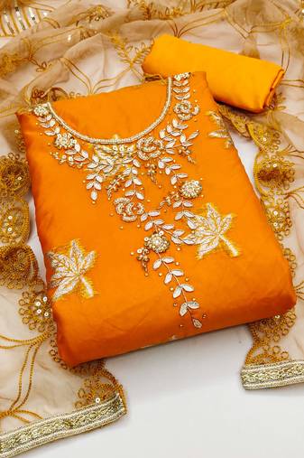 Orange Organza Hand Work Dress Material