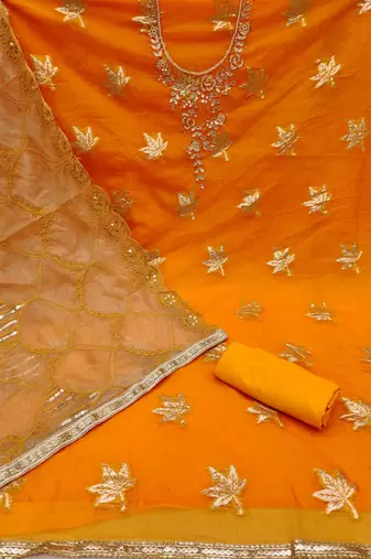 Orange Organza Hand Work Dress Material