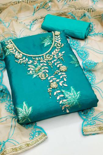 Turquoise Organza Hand Work Dress Material