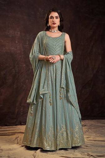 Olive color georgette base Gown with dupatta