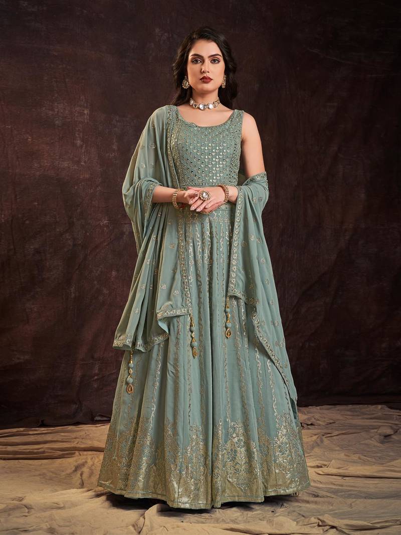 Olive color georgette base Gown with dupatta