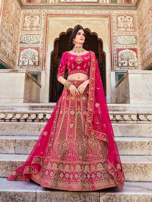 Rani Pink Embroidered Velvet Lehenga Choli 1