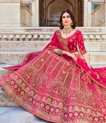 Rani Pink Embroidered Velvet Lehenga Choli 3
