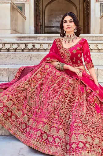 Rani Pink Embroidered Velvet Lehenga Choli